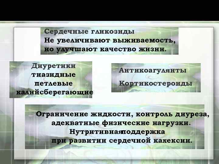 Сердечные гликозиды Не увеличивают выживаемость, но улучшают качество жизни. Диуретики тиазидные петлевые калийсберегающие Антикоагулянты