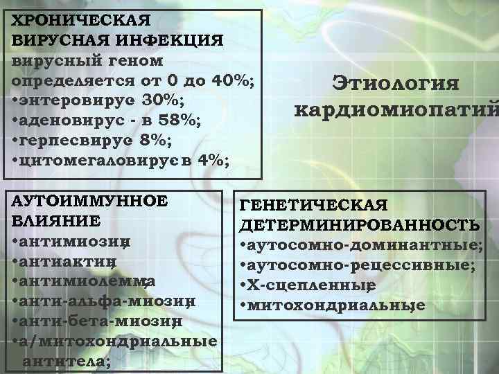 ХРОНИЧЕСКАЯ ВИРУСНАЯ ИНФЕКЦИЯ вирусный геном определяется от 0 до 40%; • энтеровирус 30%; •