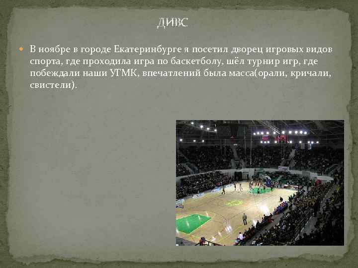 ДИВС В ноябре в городе Екатеринбурге я посетил дворец игровых видов спорта, где проходила