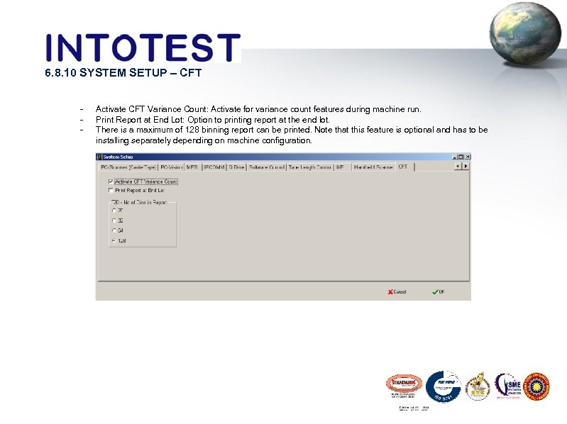 6. 8. 10 SYSTEM SETUP – CFT - Activate CFT Variance Count: Activate for