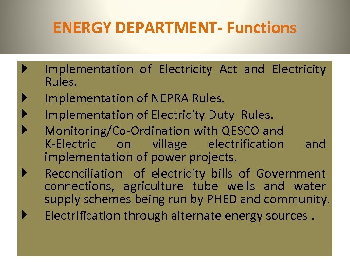 ENERGY DEPARTMENT- Functions Implementation of Electricity Act and Electricity Rules. Implementation of NEPRA Rules.