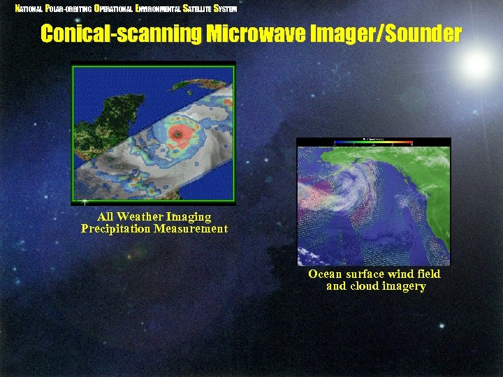 NATIONAL POLAR-ORBITING OPERATIONAL ENVIRONMENTAL SATELLITE SYSTEM Conical-scanning Microwave Imager/Sounder All Weather Imaging Precipitation Measurement