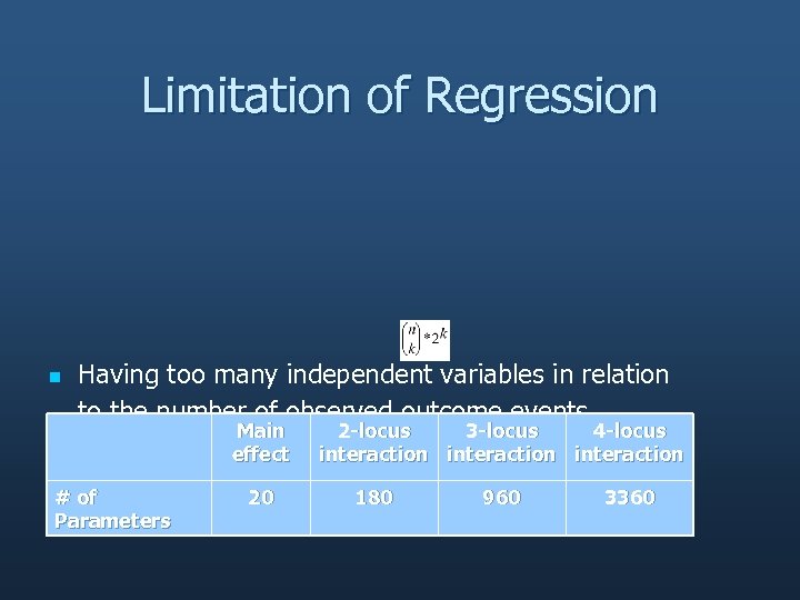 Limitation of Regression n n Having too many independent variables in relation to the