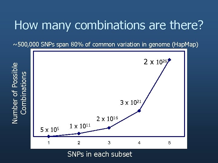 How many combinations are there? ~500, 000 SNPs span 80% of common variation in