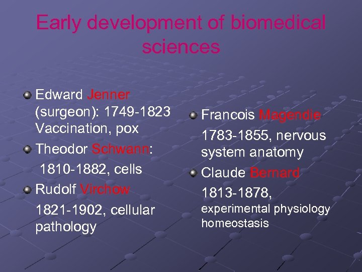 Early development of biomedical sciences Edward Jenner (surgeon): 1749 -1823 Vaccination, pox Theodor Schwann: