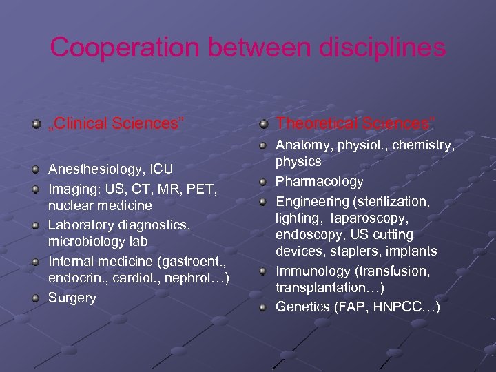 Cooperation between disciplines „Clinical Sciences” Anesthesiology, ICU Imaging: US, CT, MR, PET, nuclear medicine