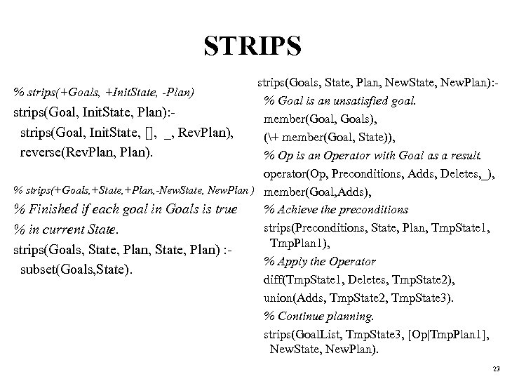 STRIPS strips(Goals, State, Plan, New. State, New. Plan): % strips(+Goals, +Init. State, -Plan) %