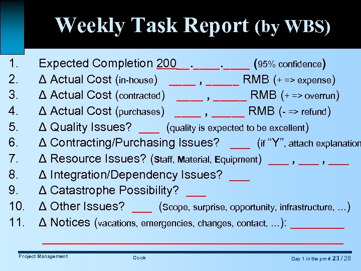 Weekly Task Report (by WBS) 1. 2. 3. 4. 5. 6. 7. 8. 9.