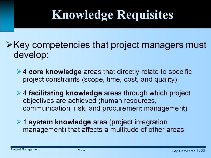 Knowledge Requisites Ø Key competencies that project managers must develop: Ø 4 core knowledge