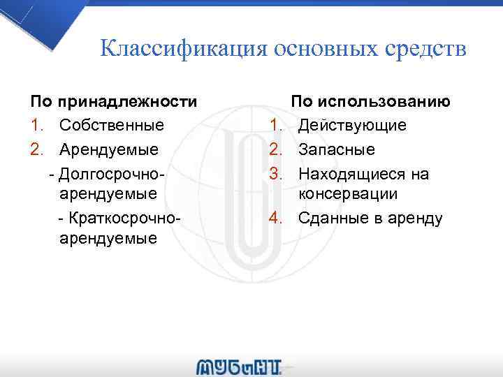 Классификация основных средств По принадлежности 1. Собственные 2. Арендуемые - Долгосрочноарендуемые - Краткосрочноарендуемые 1.