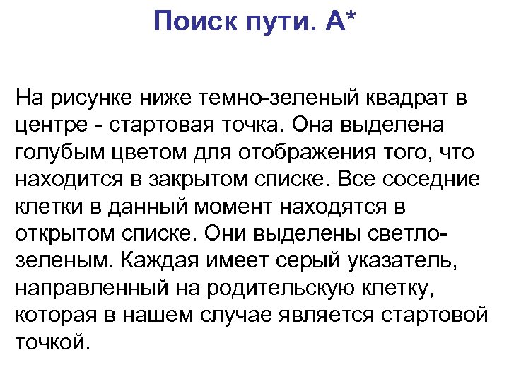 Поиск пути. A* На рисунке ниже темно-зеленый квадрат в центре - стартовая точка. Она