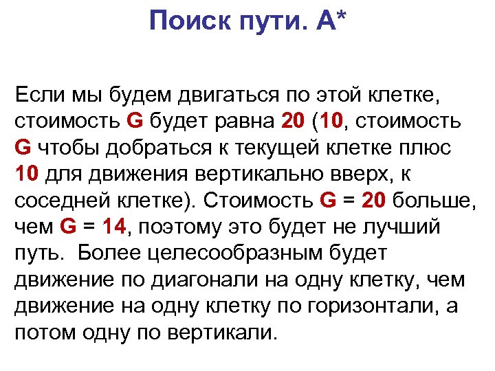 Поиск пути. A* Если мы будем двигаться по этой клетке, стоимость G будет равна