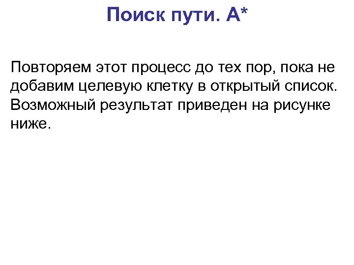 Поиск пути. A* Повторяем этот процесс до тех пор, пока не добавим целевую клетку