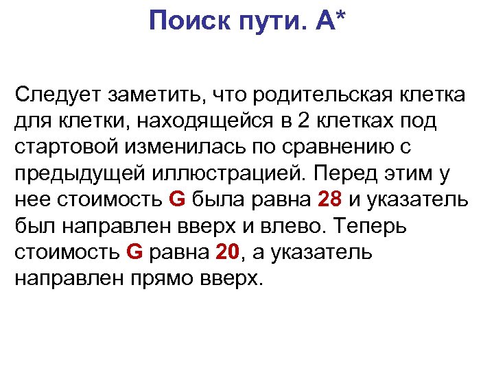 Поиск пути. A* Следует заметить, что родительская клетка для клетки, находящейся в 2 клетках