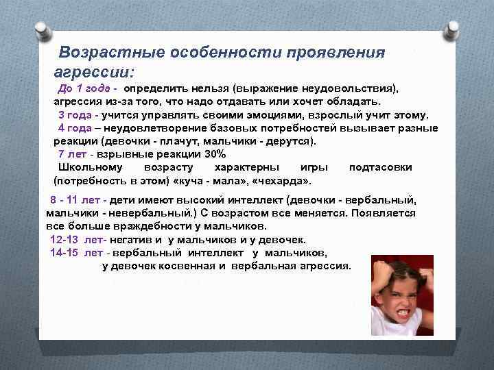 Возрастные особенности проявления агрессии: До 1 года - определить нельзя (выражение неудовольствия), агрессия из-за