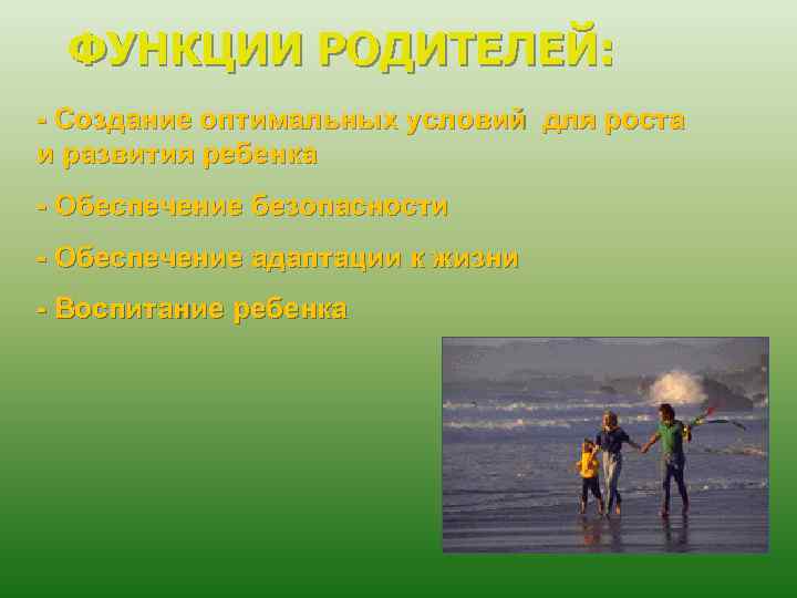 ФУНКЦИИ РОДИТЕЛЕЙ: - Создание оптимальных условий для роста и развития ребенка - Обеспечение безопасности