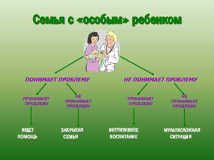 Семья с «особым» ребенком ПОНИМАЕТ ПРОБЛЕМУ ПРИНИМАЕТ ПРОБЛЕМУ ИЩЕТ ПОМОЩЬ НЕ ПРИНИМАЕТ ПРОБЛЕМУ ЗАКРЫТАЯ