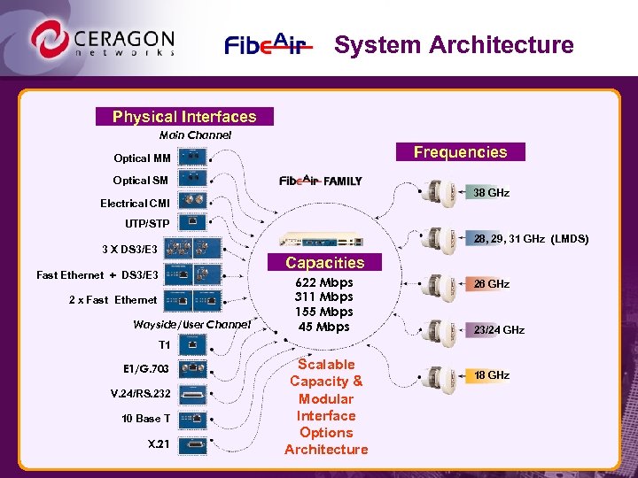 System Architecture Physical Interfaces Main Channel Frequencies Optical MM Optical SM 38 GHz Electrical