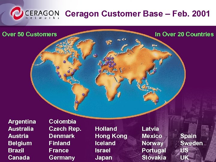 Ceragon Customer Base – Feb. 2001 Over 50 Customers Argentina Australia Austria Belgium Brazil
