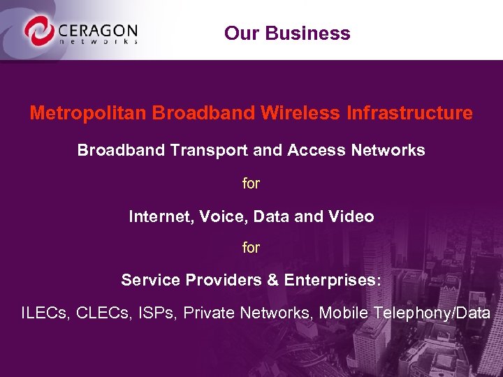 Our Business Metropolitan Broadband Wireless Infrastructure Broadband Transport and Access Networks for Internet, Voice,