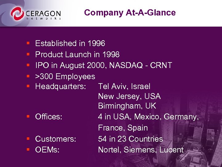 Company At-A-Glance § § § Established in 1996 Product Launch in 1998 IPO in