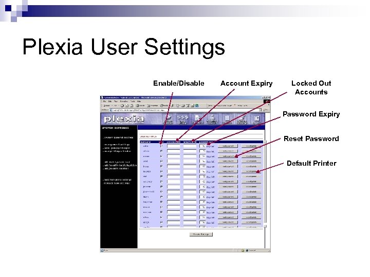 Plexia User Settings Enable/Disable Account Expiry Locked Out Accounts Password Expiry Reset Password Default