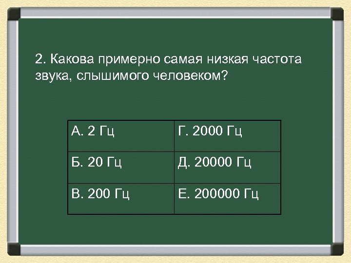 2. Какова примерно самая низкая частота звука, слышимого человеком? А. 2 Гц Г. 2000