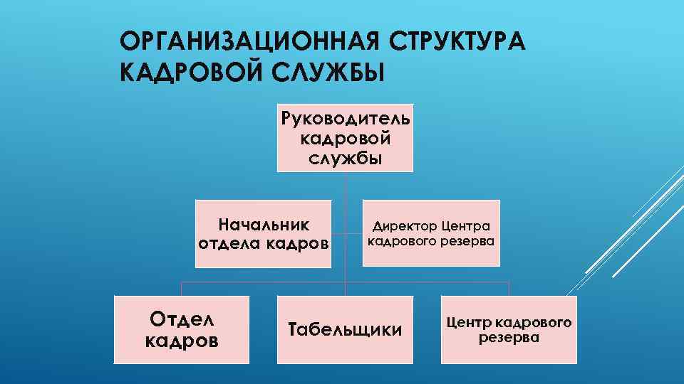 ОРГАНИЗАЦИОННАЯ СТРУКТУРА КАДРОВОЙ СЛУЖБЫ Руководитель кадровой службы Начальник отдела кадров Отдел кадров Директор Центра