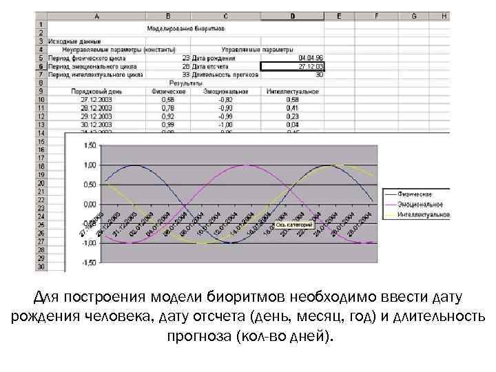 Для построения модели биоритмов необходимо ввести дату рождения человека, дату отсчета (день, месяц, год)