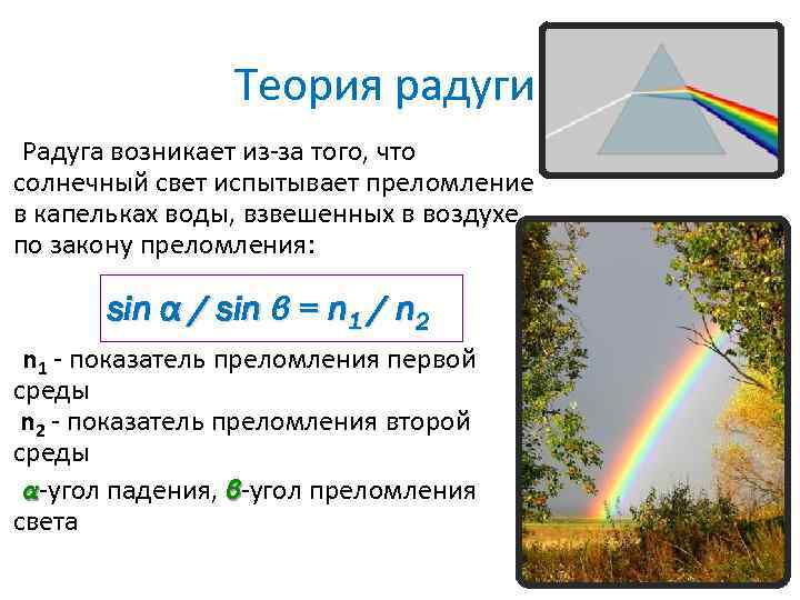 Теория радуги Радуга возникает из-за того, что солнечный свет испытывает преломление в капельках воды,