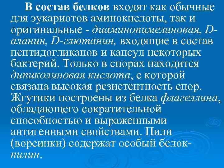 В состав белков входят как обычные для эукариотов аминокислоты, так и оригинальные - диаминопимелиновая,