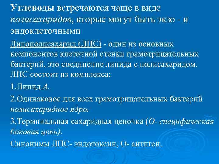 Углеводы встречаются чаще в виде полисахаридов, кторые могут быть экзо - и эндоклеточными Липополисахарид