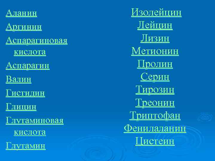 Аланин Аргинин Аспарагиновая кислота Аспарагин Валин Гистидин Глицин Глутаминовая кислота Глутамин Изолейцин Лизин Метионин