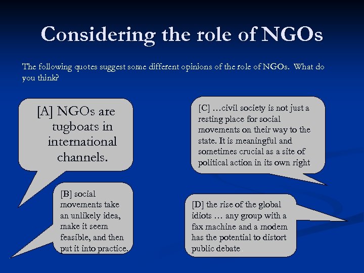 Considering the role of NGOs The following quotes suggest some different opinions of the