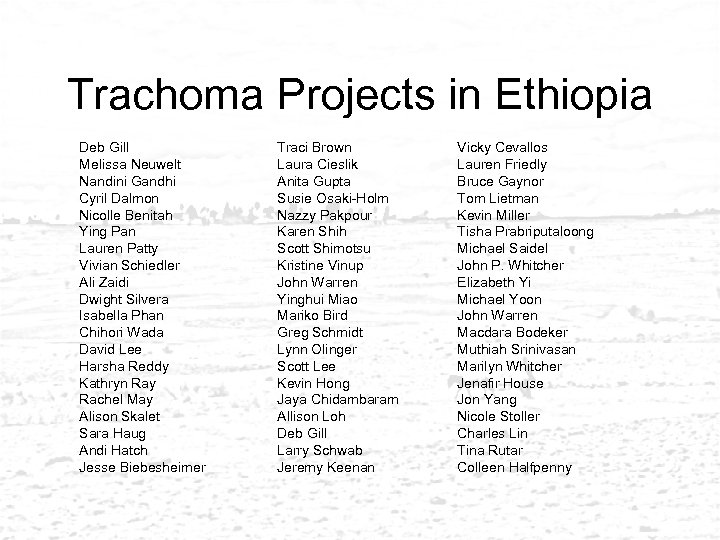 Trachoma Projects in Ethiopia Deb Gill Melissa Neuwelt Nandini Gandhi Cyril Dalmon Nicolle Benitah