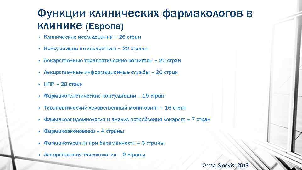 Функции клинических фармакологов в клинике (Европа) • Клинические исследования – 26 стран • Консультации