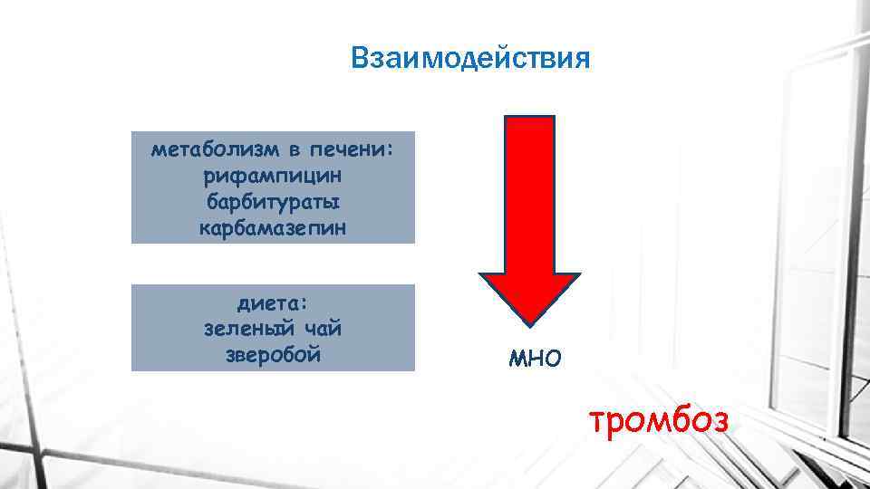 Взаимодействия метаболизм в печени: рифампицин барбитураты карбамазепин диета: зеленый чай зверобой МНО тромбоз 