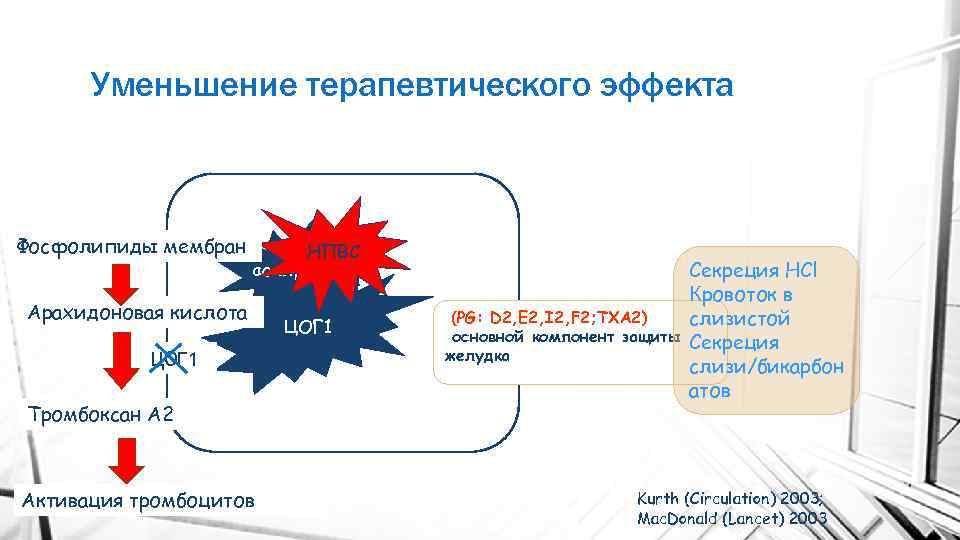 Уменьшение терапевтического эффекта Фосфолипиды мембран НПВС аспирин Арахидоновая кислота ЦОГ 1 Тромбоксан А 2