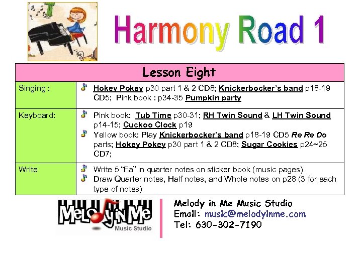 Lesson Eight Singing : Hokey Pokey p 30 part 1 & 2 CD 8;