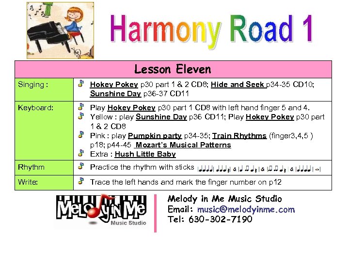 Lesson Eleven Singing : Hokey Pokey p 30 part 1 & 2 CD 8;
