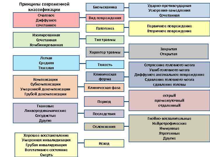 Принципы современной классификации Очаговое Диффузное сочетанное Изолированная Сочетанная Комбинированная Биомеханика Вид повреждения Патогенез Компенсации