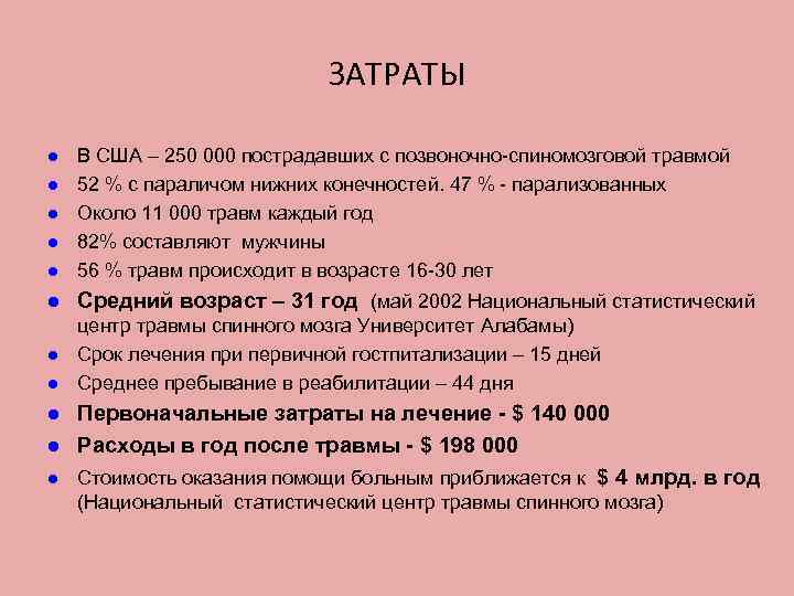 ЗАТРАТЫ l В США – 250 000 пострадавших с позвоночно-спиномозговой травмой 52 % с