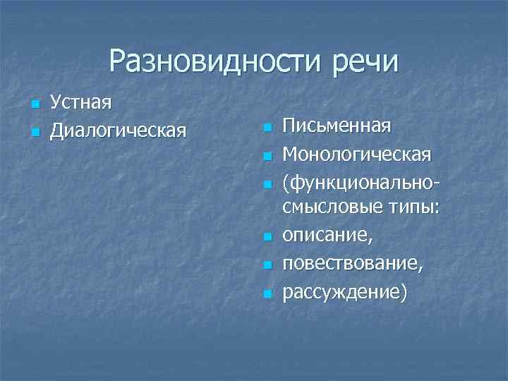 Разновидности речи n n Устная Диалогическая n n n Письменная Монологическая (функциональносмысловые типы: описание,