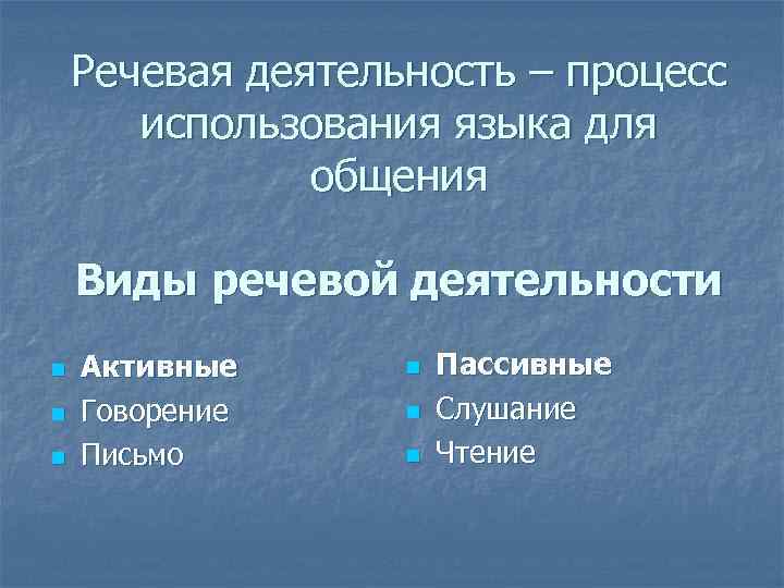 Речевая деятельность – процесс использования языка для общения Виды речевой деятельности n n n