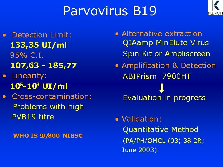 Parvovirus B 19 • Detection Limit: 133, 35 UI/ml 95% C. I. 107, 63