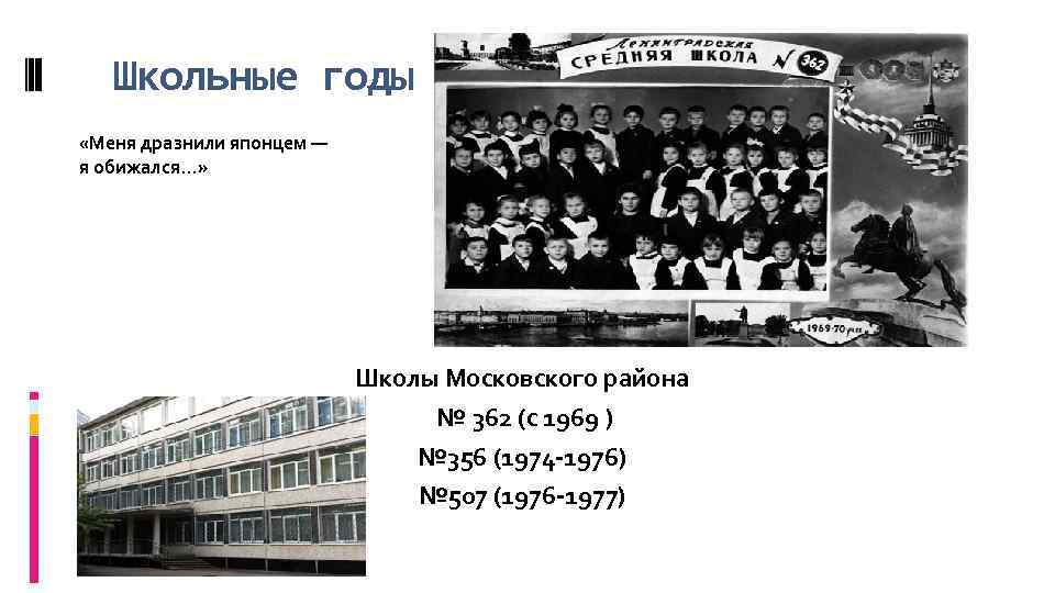 Школьные годы «Меня дразнили японцем — я обижался…» Школы Московского района № 362 (с