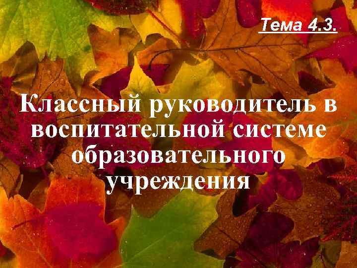 Тема 4. 3. Классный руководитель в воспитательной системе образовательного учреждения 