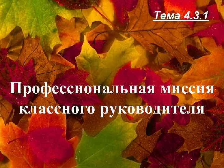 Тема 4. 3. 1 Профессиональная миссия классного руководителя 