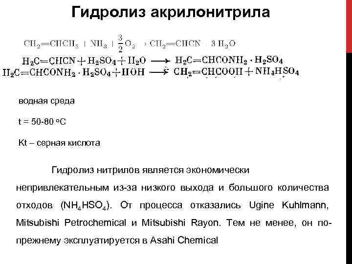 Гидролиз акрилонитрила водная среда t = 50 -80 o. C Kt – серная кислота