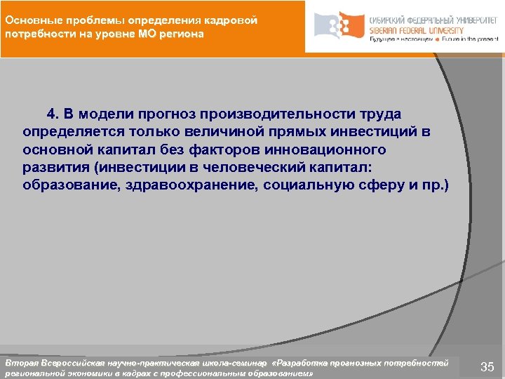 Основные проблемы определения кадровой потребности на уровне МО региона 4. В модели прогноз производительности